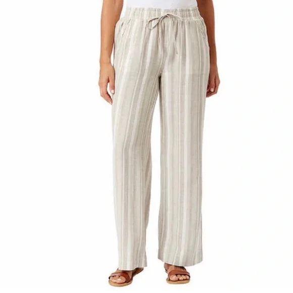 Briggs Striped 55% Linen Pant Size XL Wide Leg Eyelet Detail Lightweight Neutral - Picture 3 of 14